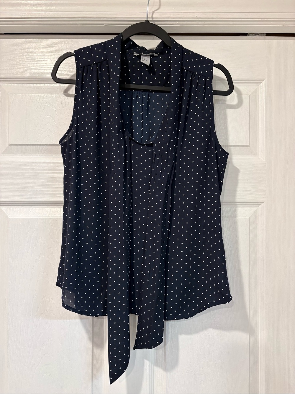 H&M Navy and White Polka Dot Tie-Neck Sleeveless Top